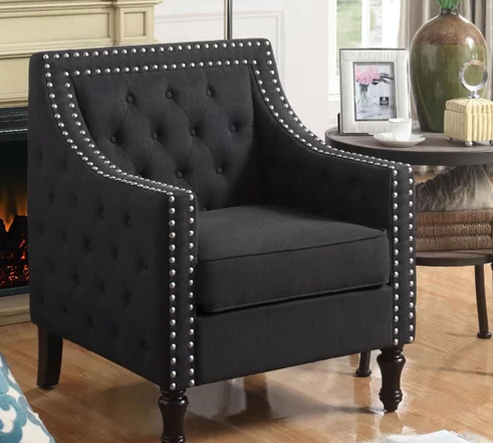 Velvet Lounge Chair Button Tufted in Back Rest with Teak Wood Legs -