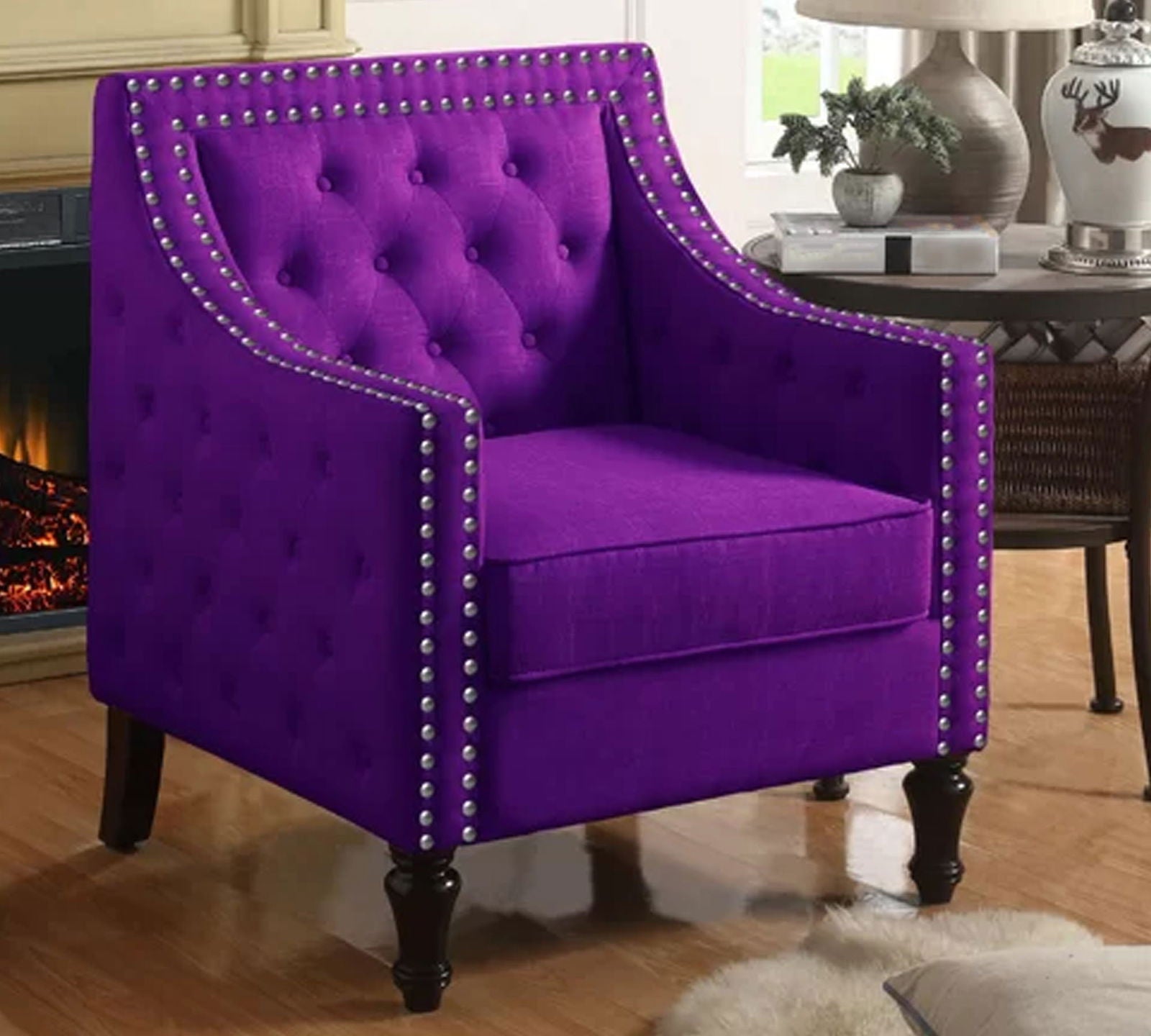 Velvet Lounge Chair Button Tufted in Back Rest with Teak Wood Legs -