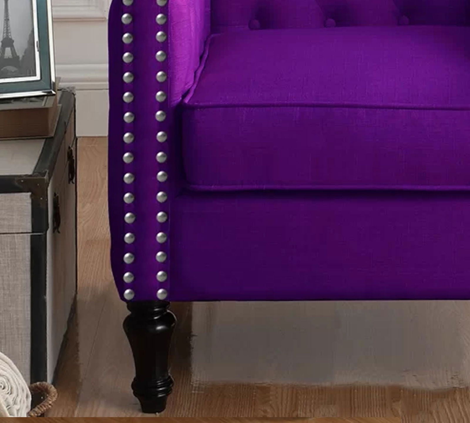 Velvet Lounge Chair Button Tufted in Back Rest with Teak Wood Legs -