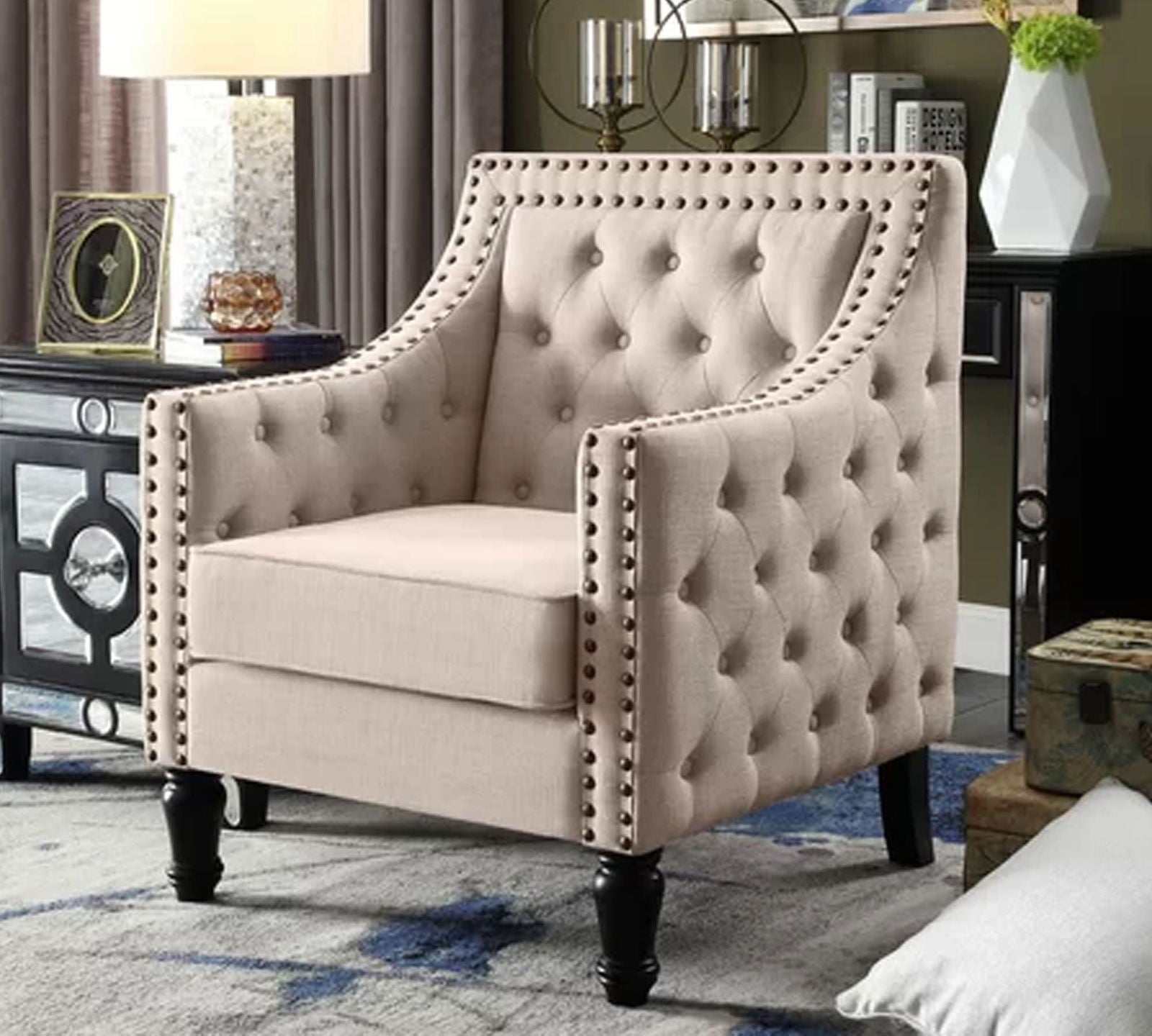 Velvet Lounge Chair Button Tufted in Back Rest with Teak Wood Legs -