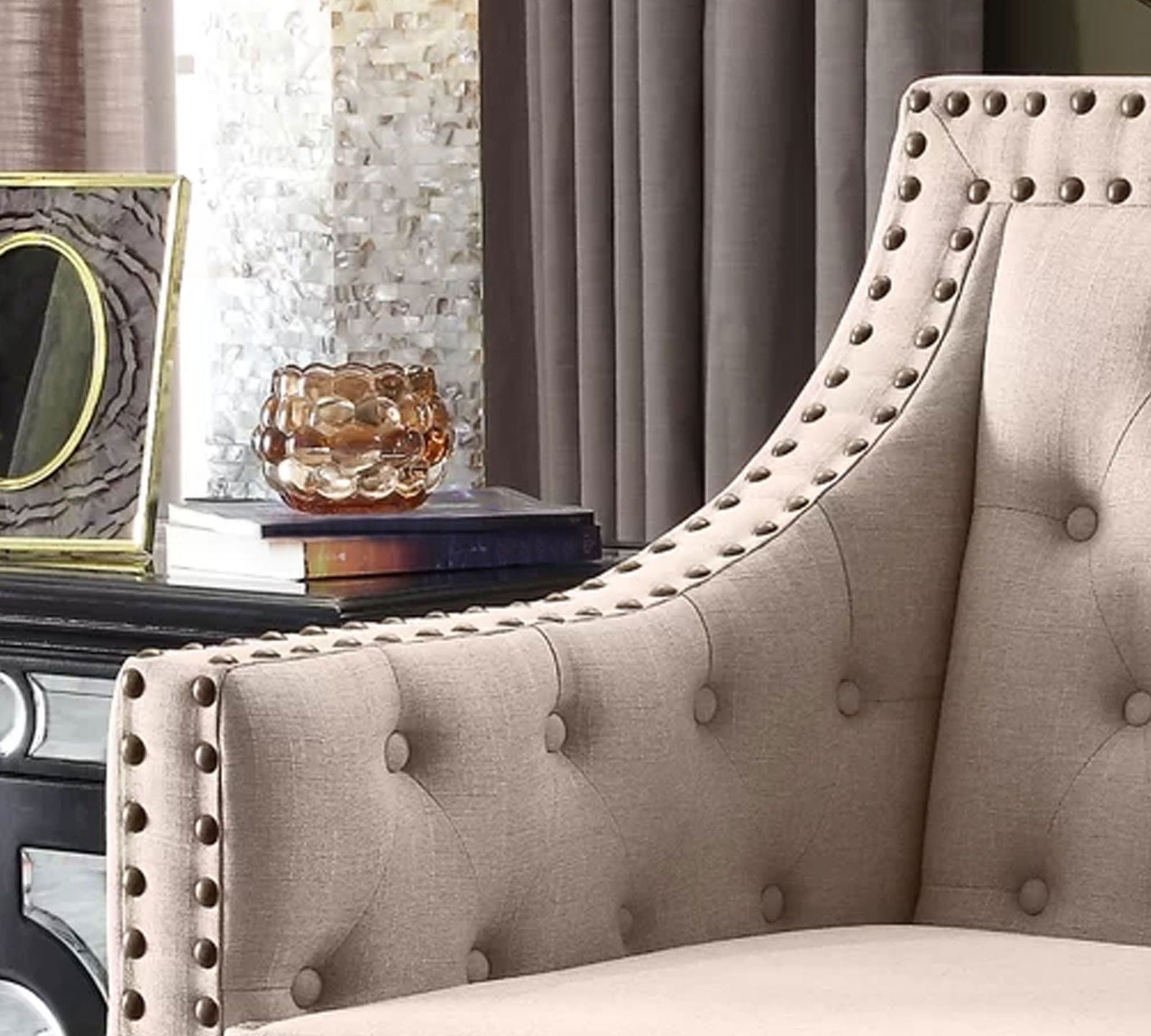 Velvet Lounge Chair Button Tufted in Back Rest with Teak Wood Legs -