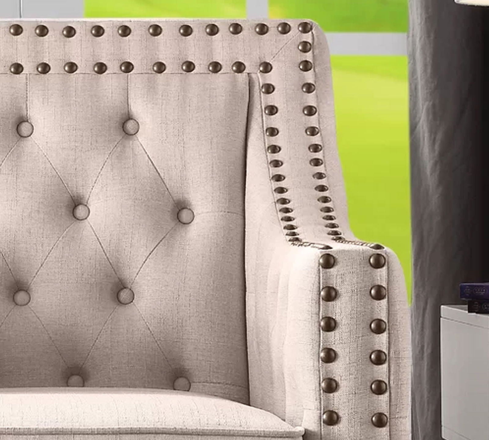 Velvet Lounge Chair Button Tufted in Back Rest with Teak Wood Legs -