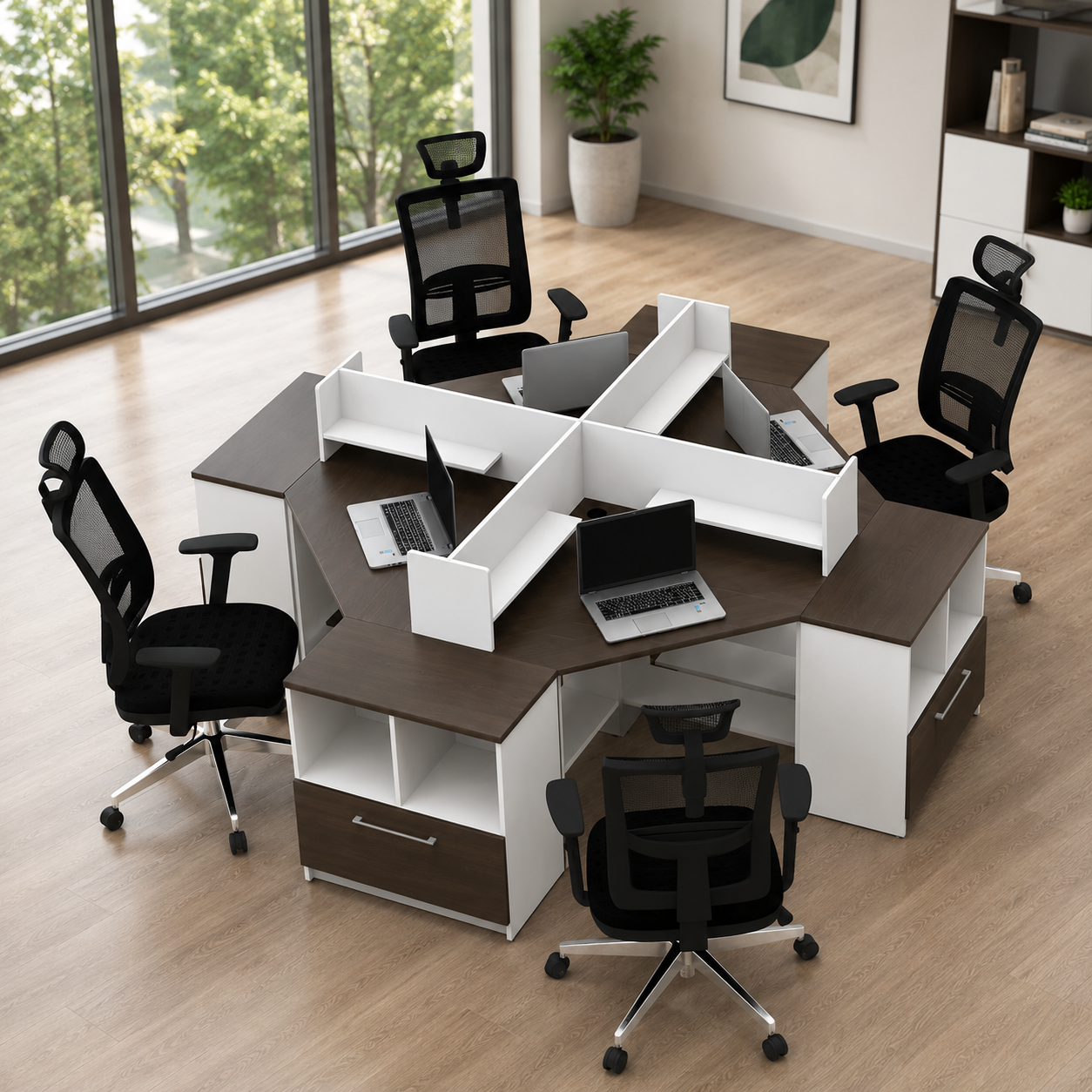 Modern Hexagon 2+4 Person Workstation – Dark Wood and White with Storage and High Quality Material