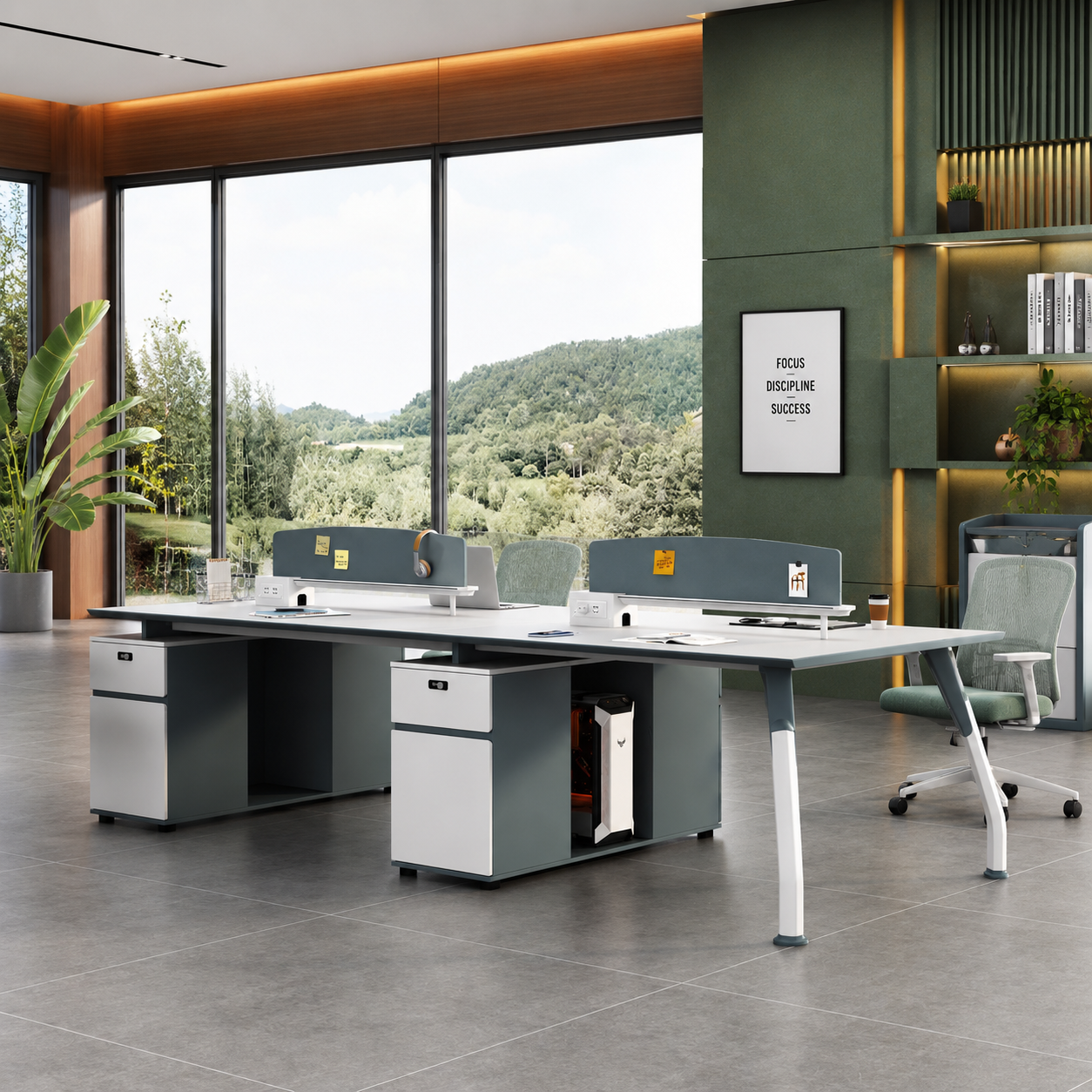 Modern Office Workstation Desk with Storage Pedestal, Privacy Partition Panel and Metal Legs for Corporate Office, Startup Workspace