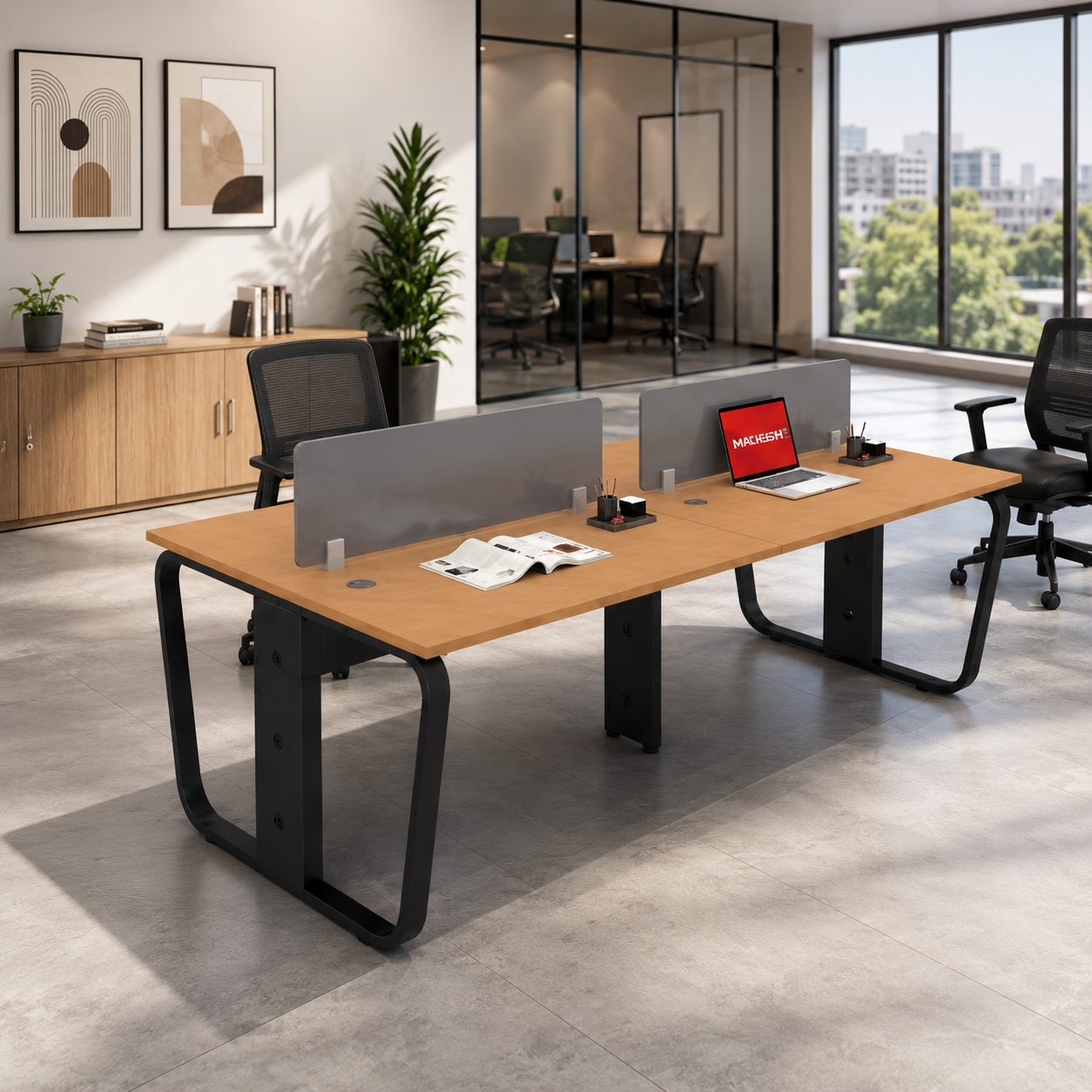 Modern Office Workstation Desk with Privacy Divider Panel, Wooden Top and Black Metal Legs for Corporate Office Furniture