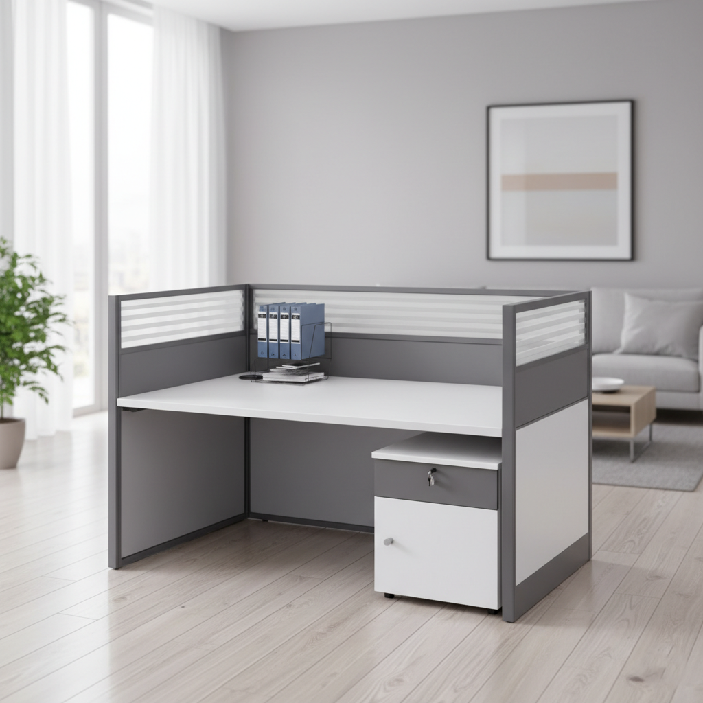 Modern Office Workstation Desk with Privacy Panels, Integrated Storage Drawer, Durable MDF Construction & Contemporary