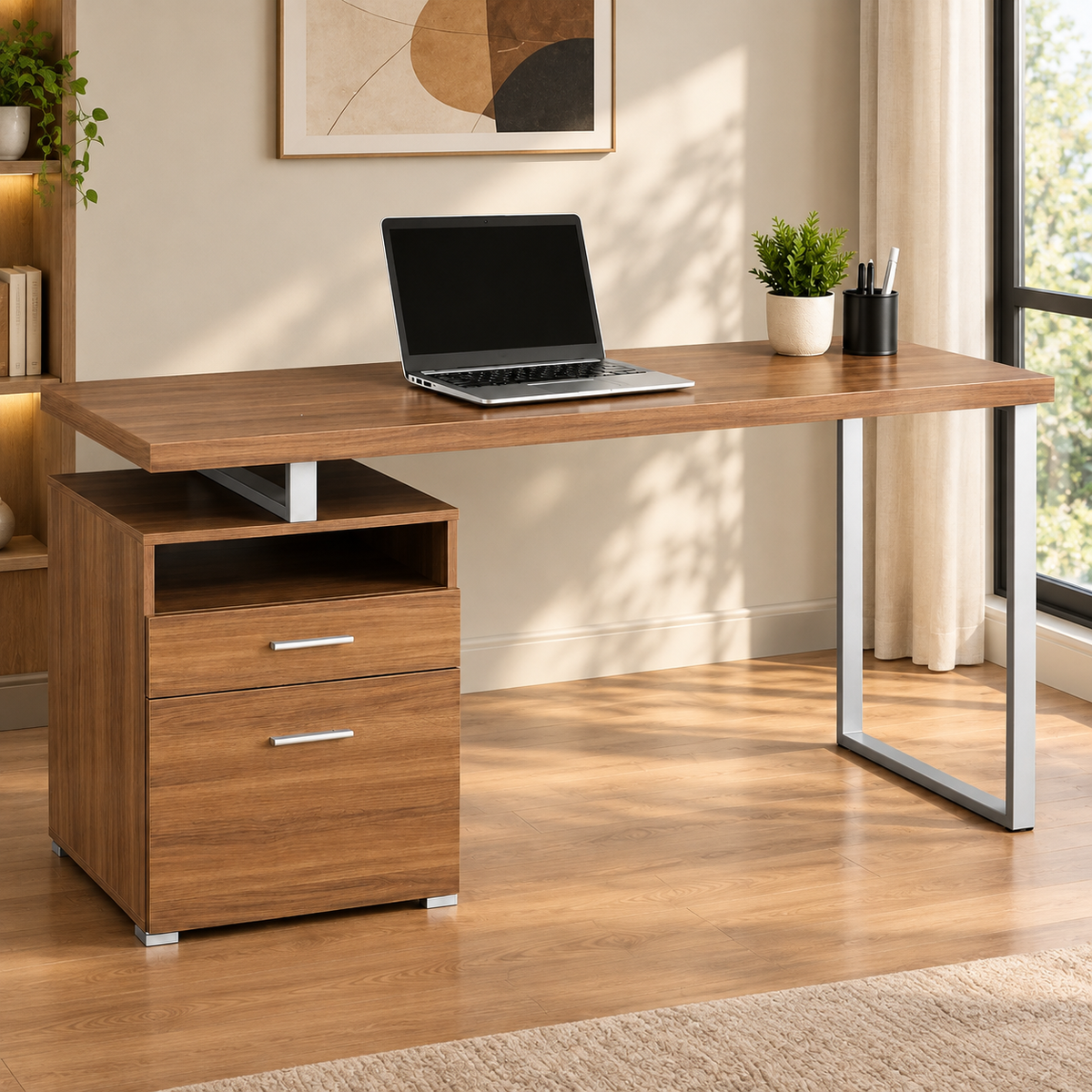Modern Office Computer Table with Side Storage Unit, Open Shelf & Two Drawers for Workstation, Study Room, Home Office & Cabin