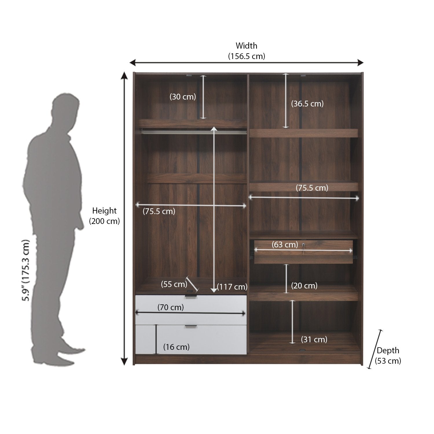 Wardrobe with Drawers in Wooden -