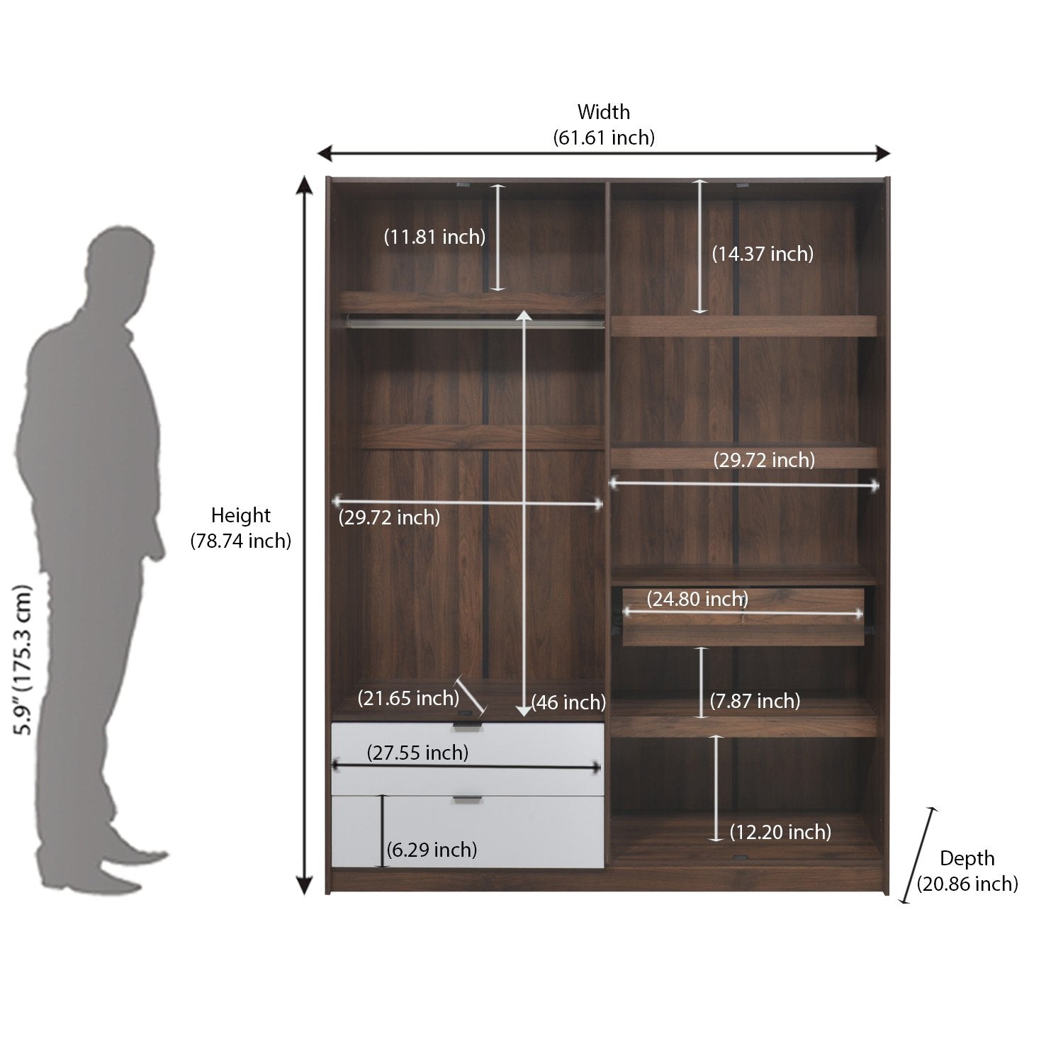 Wardrobe with Drawers in Wooden -