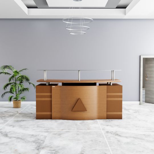 Reception Table Made In Ply Board with File Storage Cabinets, Elevated Shelf & Glass Top Shelf - Brown