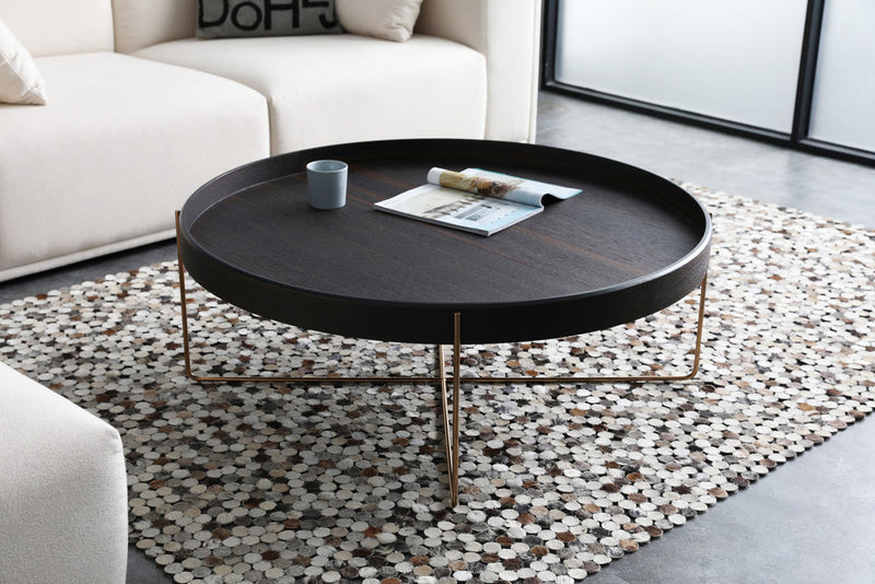 The Metal Frame Legs Base Wooden Round Coffee Center Table - Walnut & Gold