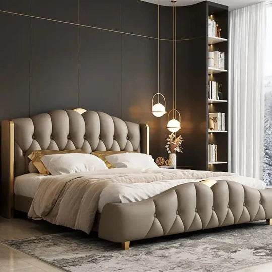 Royal Upholstered Leatherette Bed with Headboard, Solid Wood Frame & Storage Option – Luxurious Contemporary Design