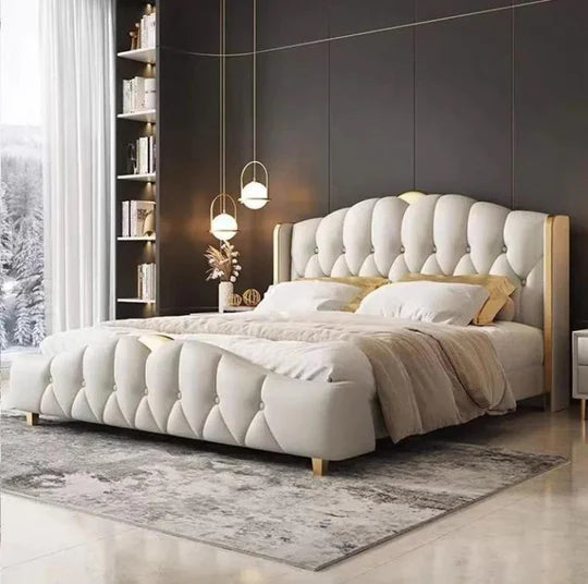 Royal Upholstered Leatherette Bed with Headboard, Solid Wood Frame & Storage Option – Luxurious Contemporary Design