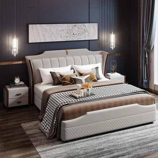 Leatherette King Size Bed with Cushioned Headboard, Solid Wood Frame & Built-in Storage