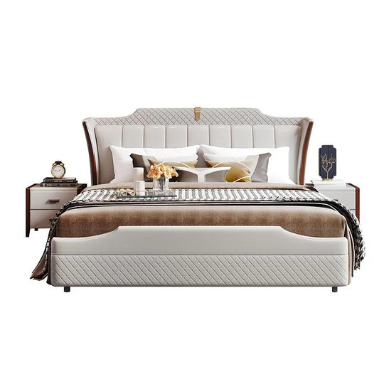 Leatherette King Size Bed with Cushioned Headboard, Solid Wood Frame & Built-in Storage