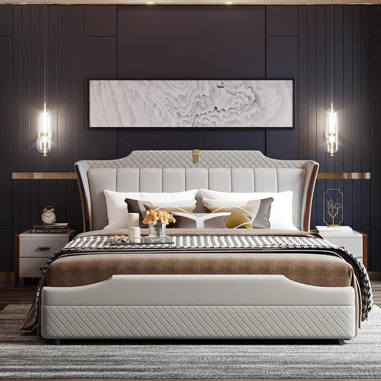 Leatherette King Size Bed with Cushioned Headboard, Solid Wood Frame & Built-in Storage