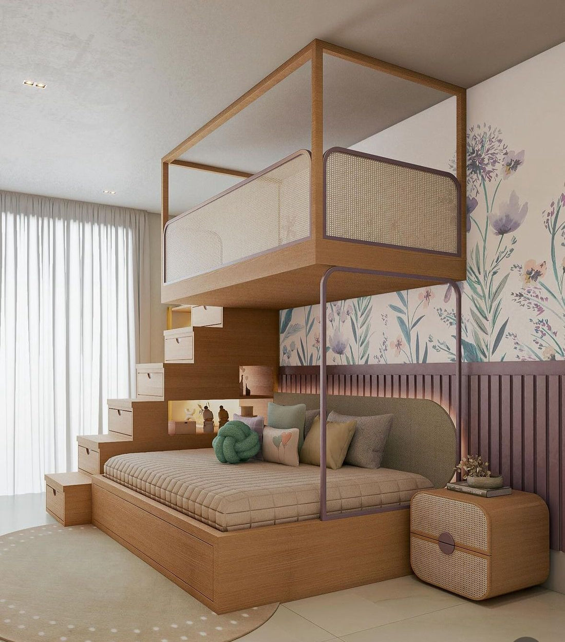 Cozy Kids’ Bedroom Featuring Wooden Bunk and Whimsical Decor