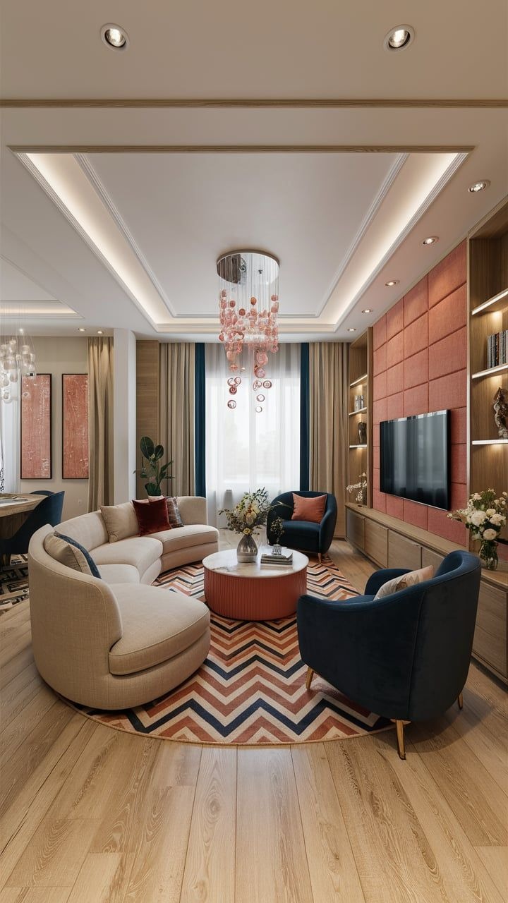 Classic Blue-Beige Living Room with Marble Touches