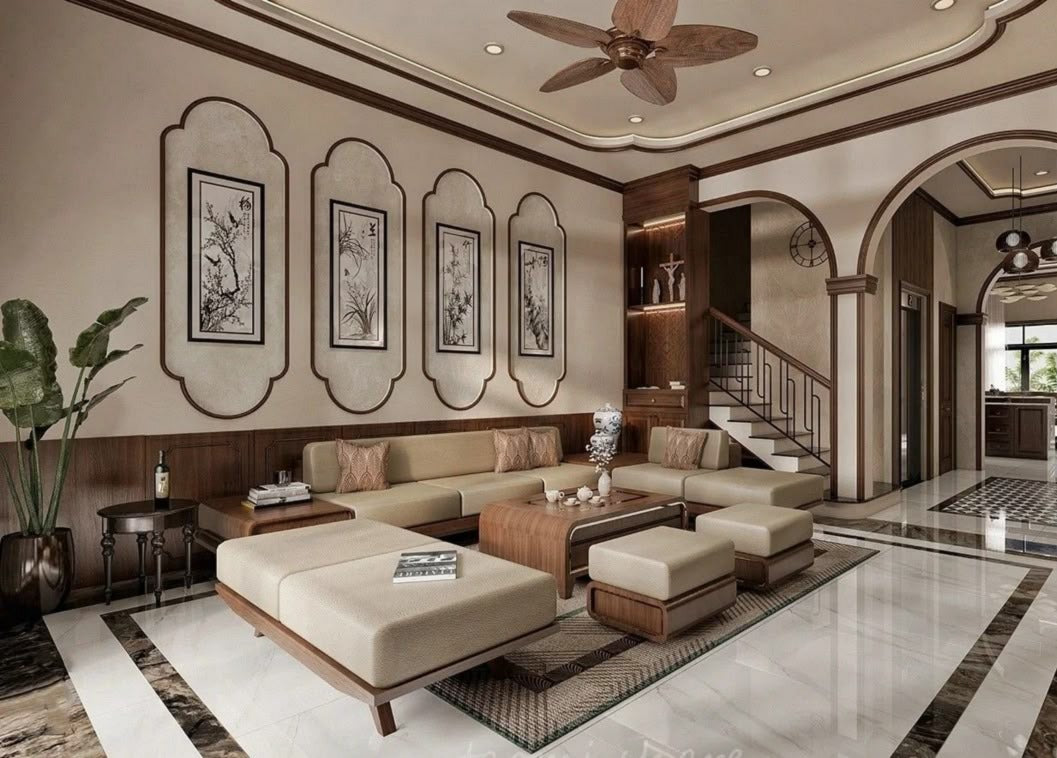 Indochinese theme with beige and brown colour pallet.