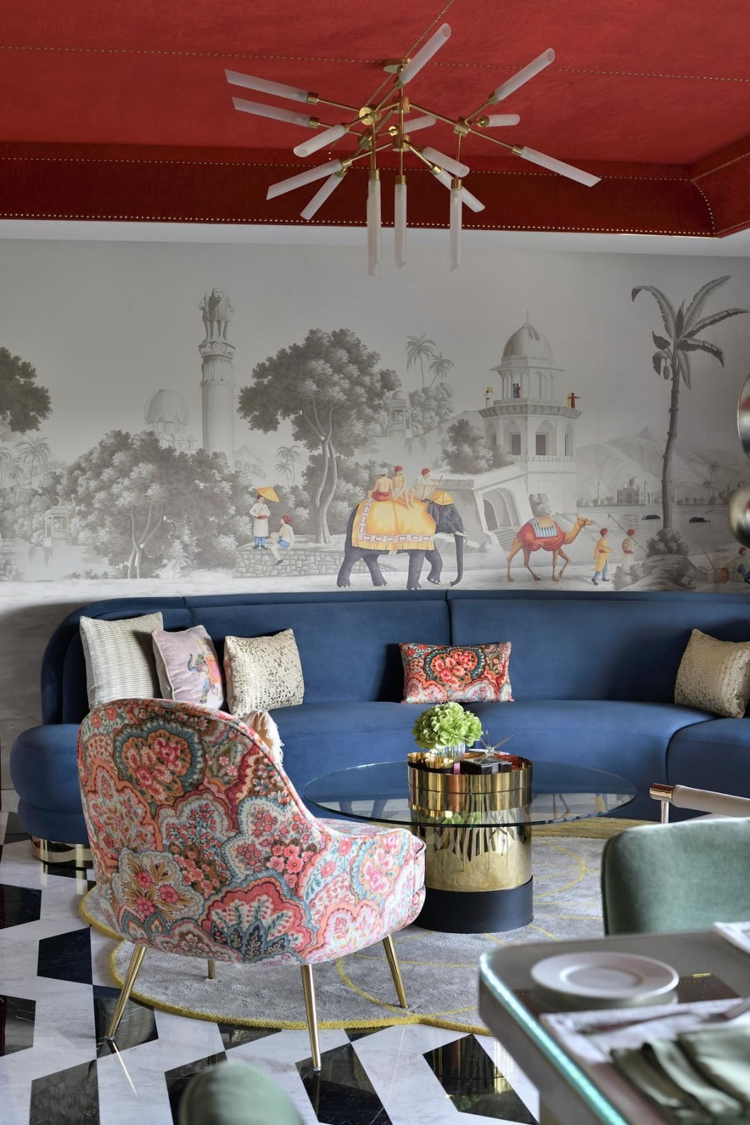 Contemporary Living Room with Blue Sofa & Glass-Top Coffee Table