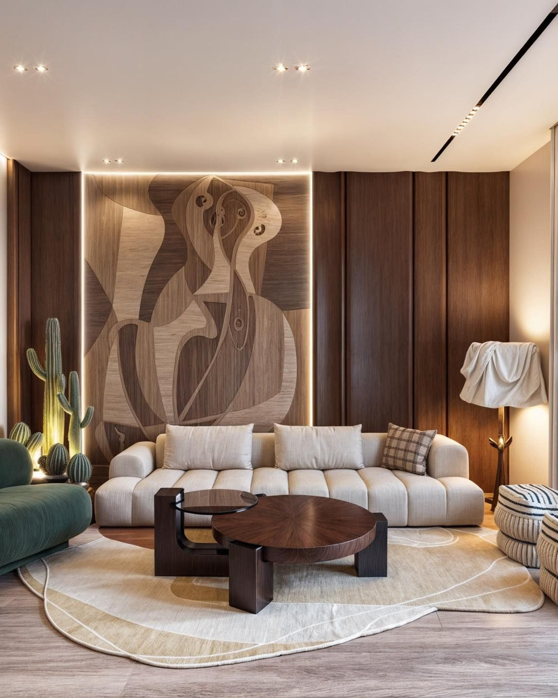 Elegant Living Room with Wooden Accents & Soft Lighting