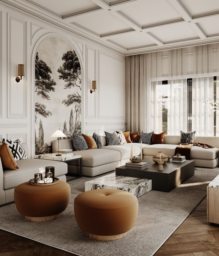 Elegant Living Room with Marble Accents & Warm Tones