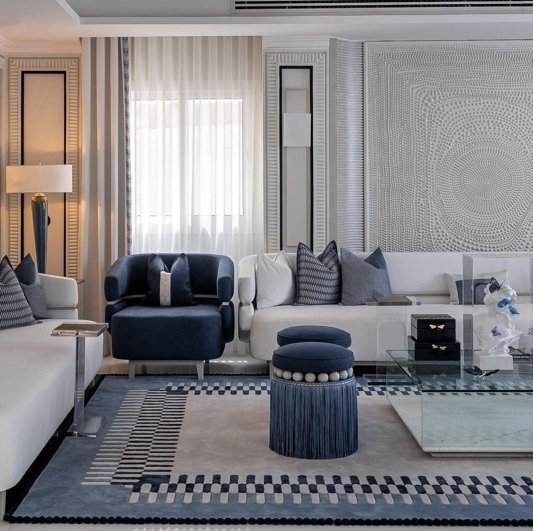 A Bold Navy & White Living Room with Artistic Sophistication
