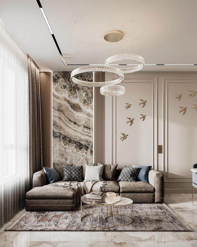 Modern-Luxury Living Room with Velvet Sofa & Crystal Chandeliers