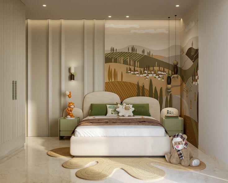 Serene Kids’ Bedroom with Nature-Inspired Palette and Curved Furniture