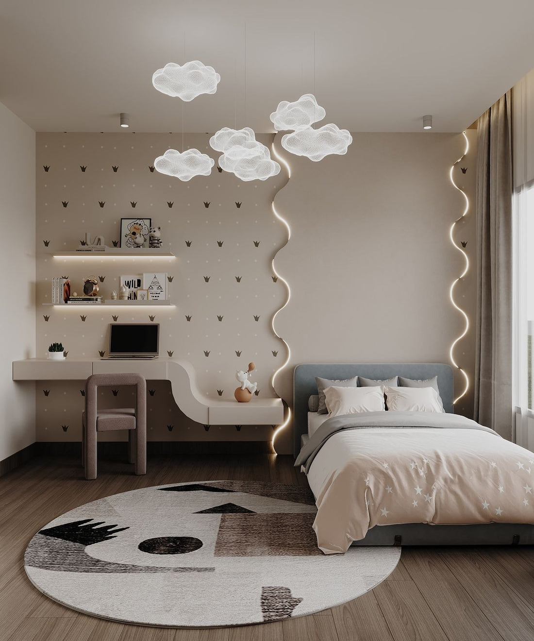 <strong>Minimalist Kids’ Bedroom with Cozy Charm and Playful Lighting</strong>