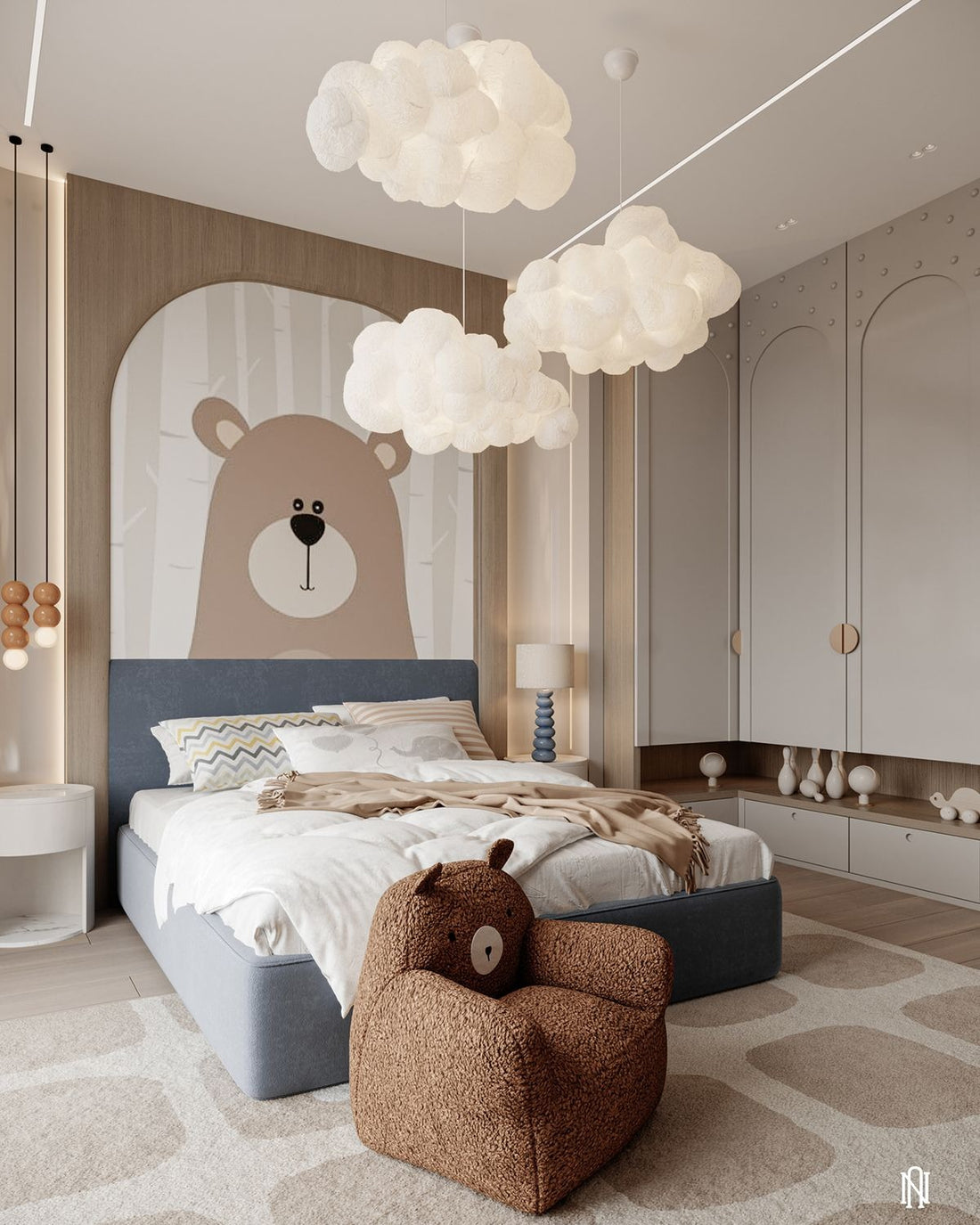 Playful Modern Kids’ Bedroom with Bear Mural & Cozy Accents