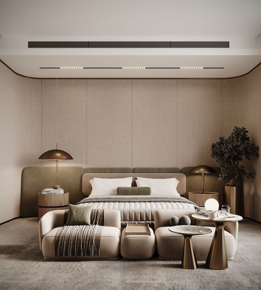 Sophisticated Bedroom Design with Plush Seating & Neutral Tones