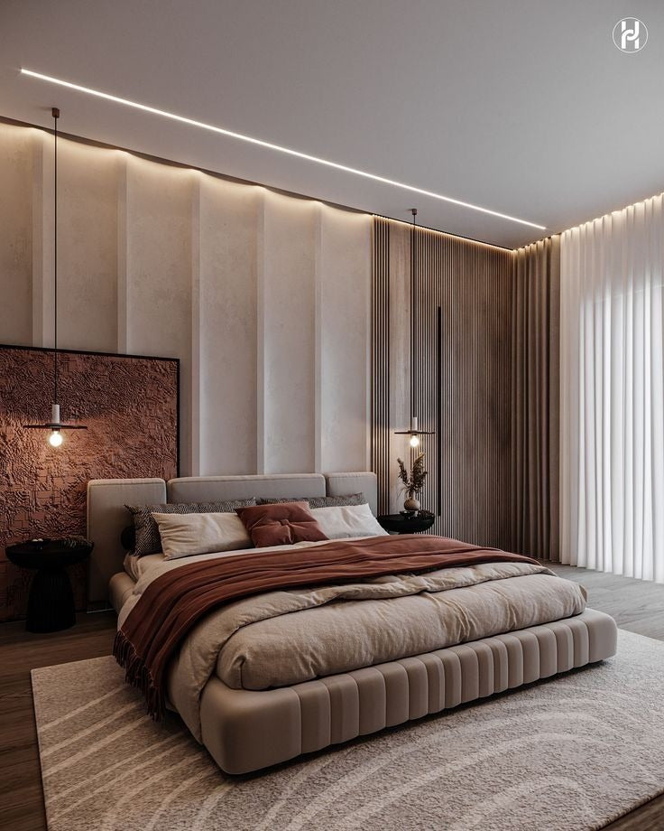 Contemporary Master Bedroom with Textured Accent Wall, Wood Slats, and Subtle LED Lighting
