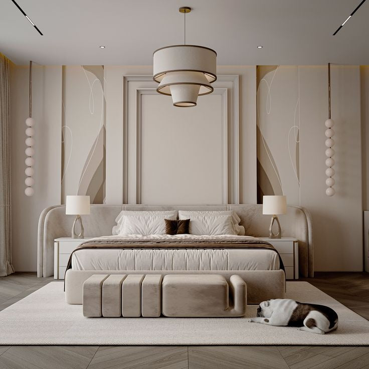 Luxurious Art Deco Master Bedroom with Curved Headboard and Tiered Chandelier