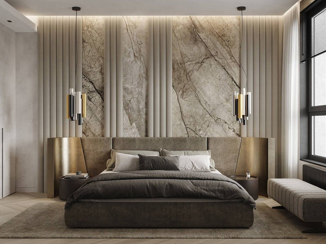 Contemporary Master Bedroom with Fluted Panels, Marble Accents & Metallic Finishes