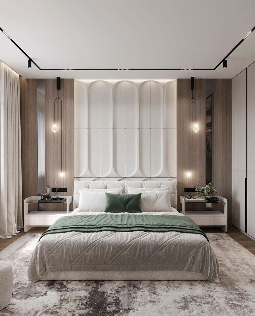 Calm, Contemporary Master Bedroom with Arched Headboard and Emerald Accents