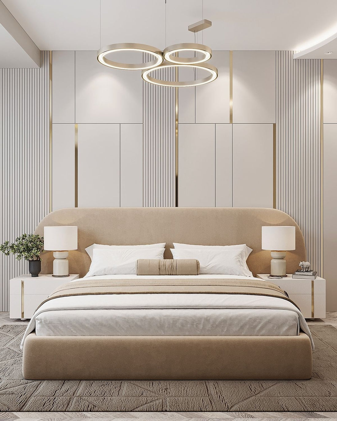 Elegant Contemporary Master Bedroom with Plush Headboard and Fluted Accent Wall