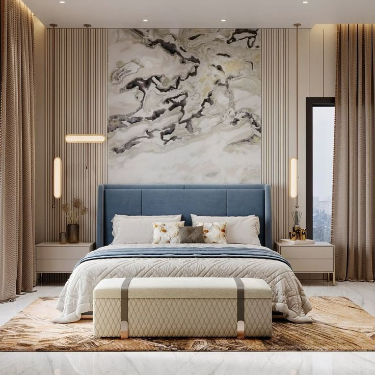 Chic Master Bedroom with Blue Upholstered Bed & Bold Accent Wall