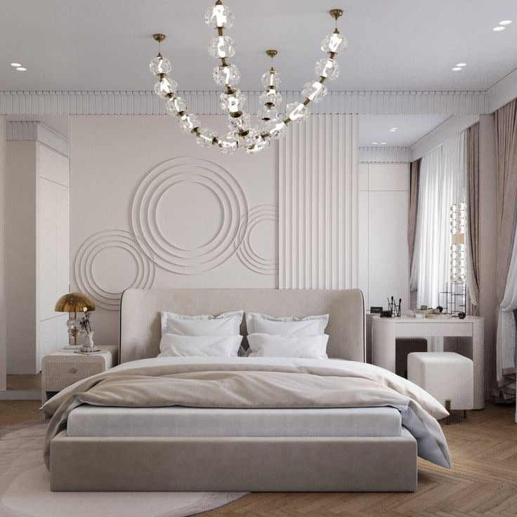 Glamorous Contemporary Master Bedroom with Elegant White Palette and Crystal Chandelier
