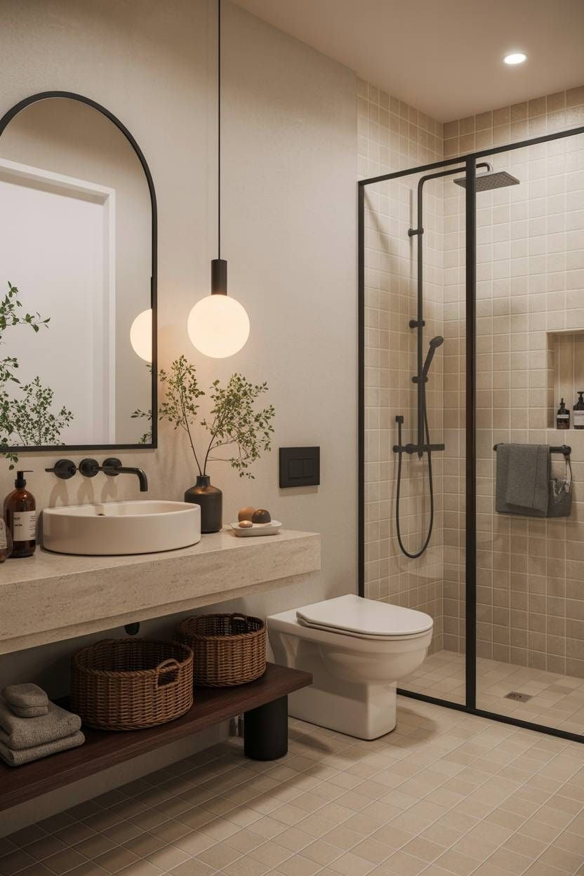 Contemporary Bathroom in Warm Neutrals with Matte Black Accents
