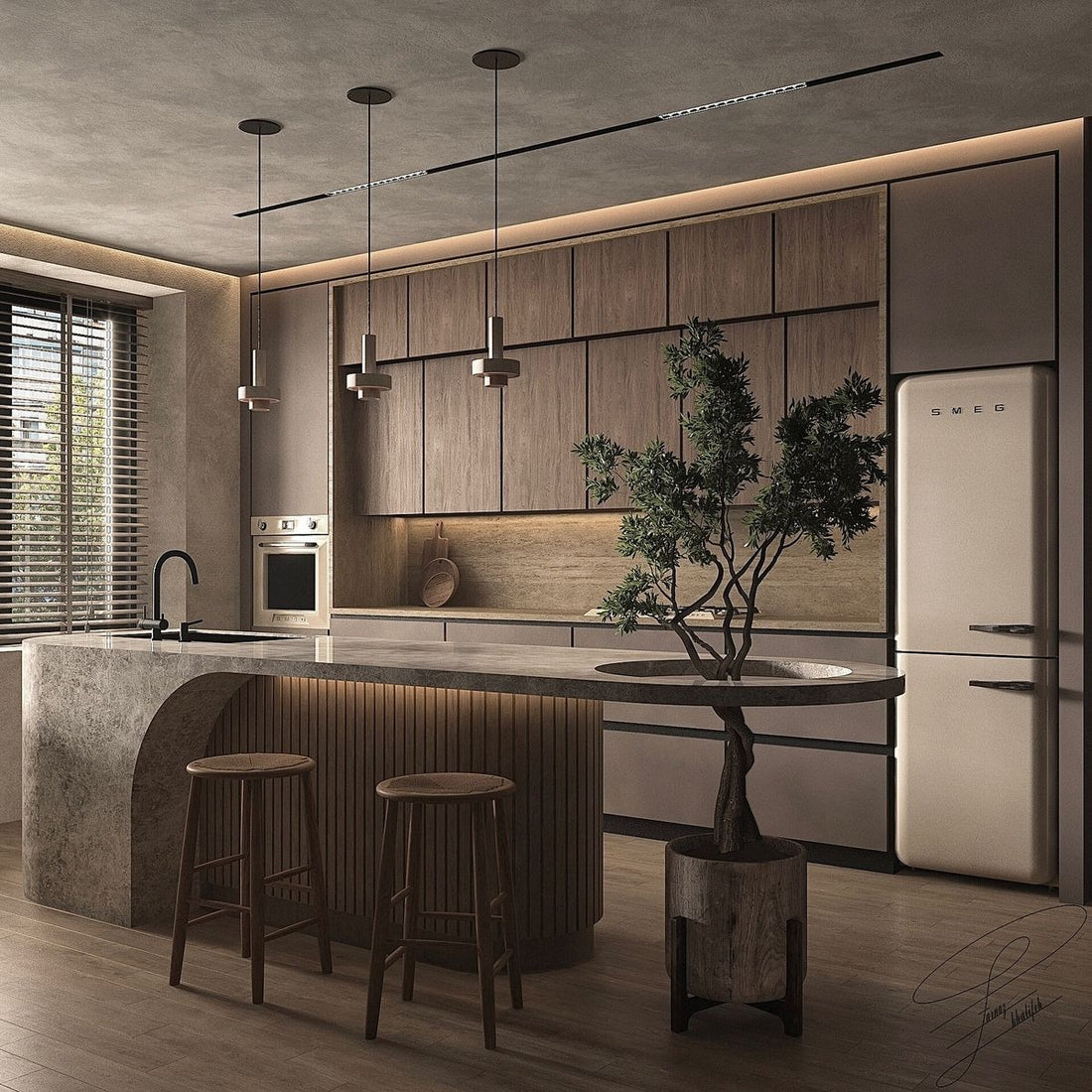 Luxurious Wabi-Sabi Kitchen with Fluted Wood Island & Stone Countertop