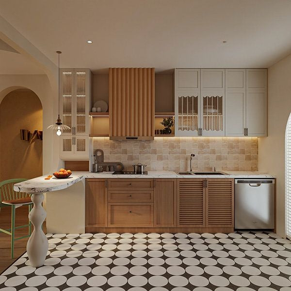 Compact Mid-Century Kitchen with Bold Black-and-White Floor