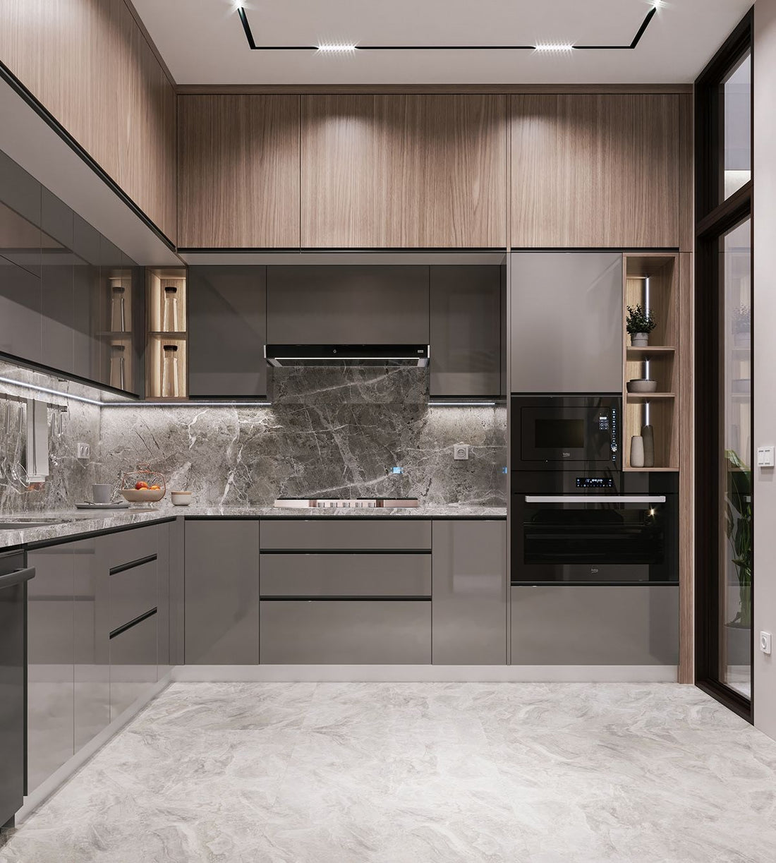 Elegant Kitchen Design with High-Gloss Cabinets and Marble Touches