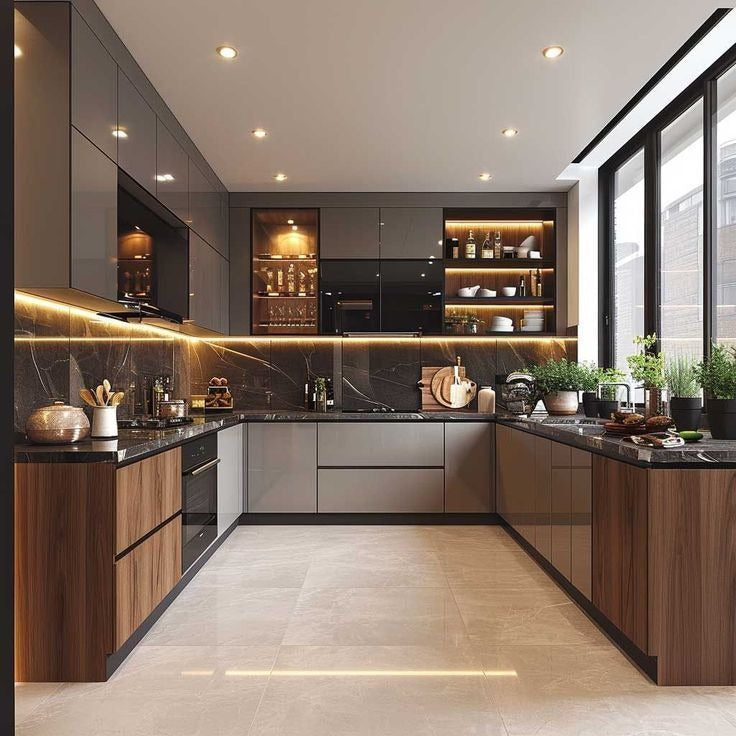 Luxurious U-Shaped Kitchen with Dark-Gray Gloss Cabinets, Walnut Accents & Black Marble Backsplash