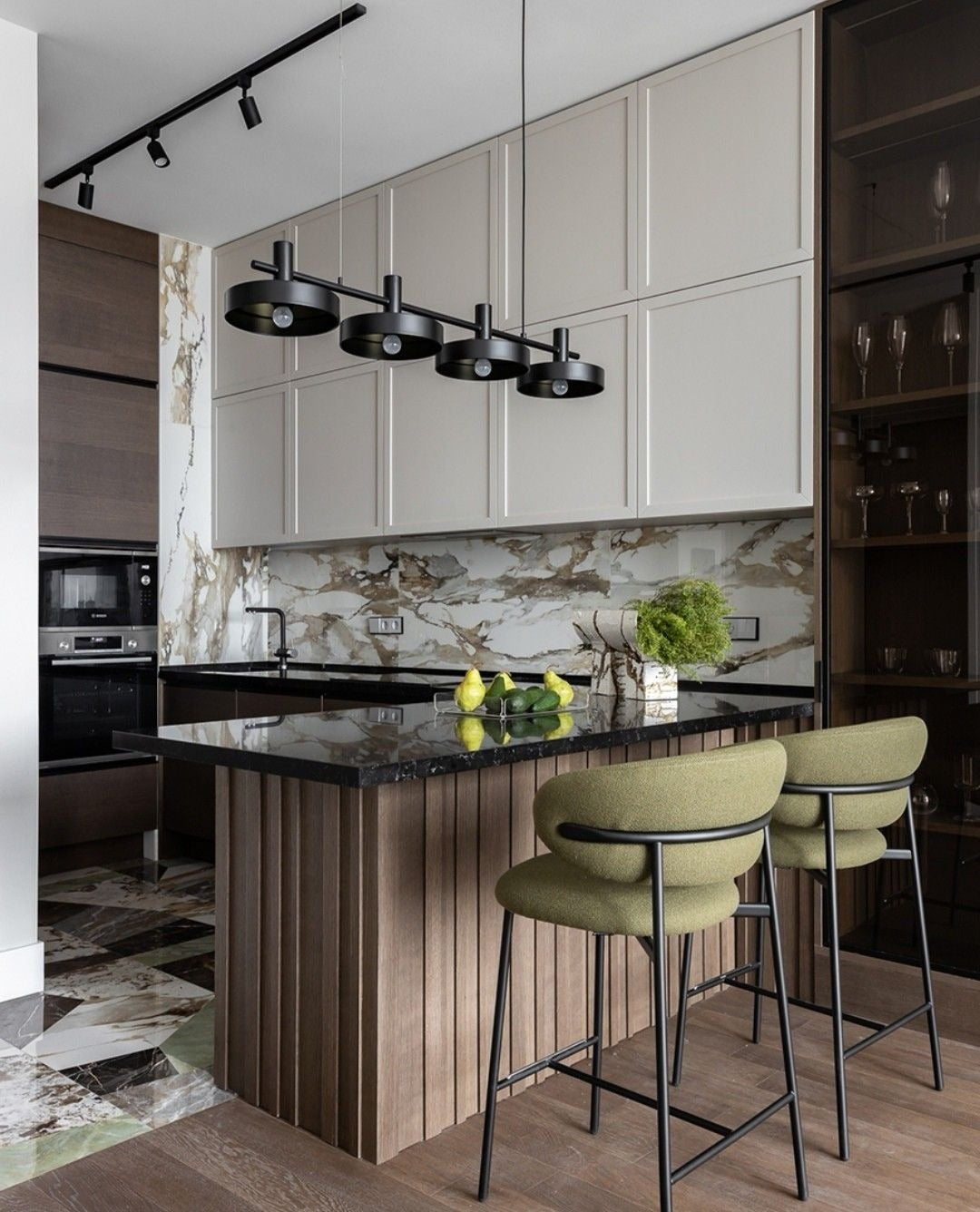Modern Kitchen with Warm Wood, Marble Backsplash & Olive Accents