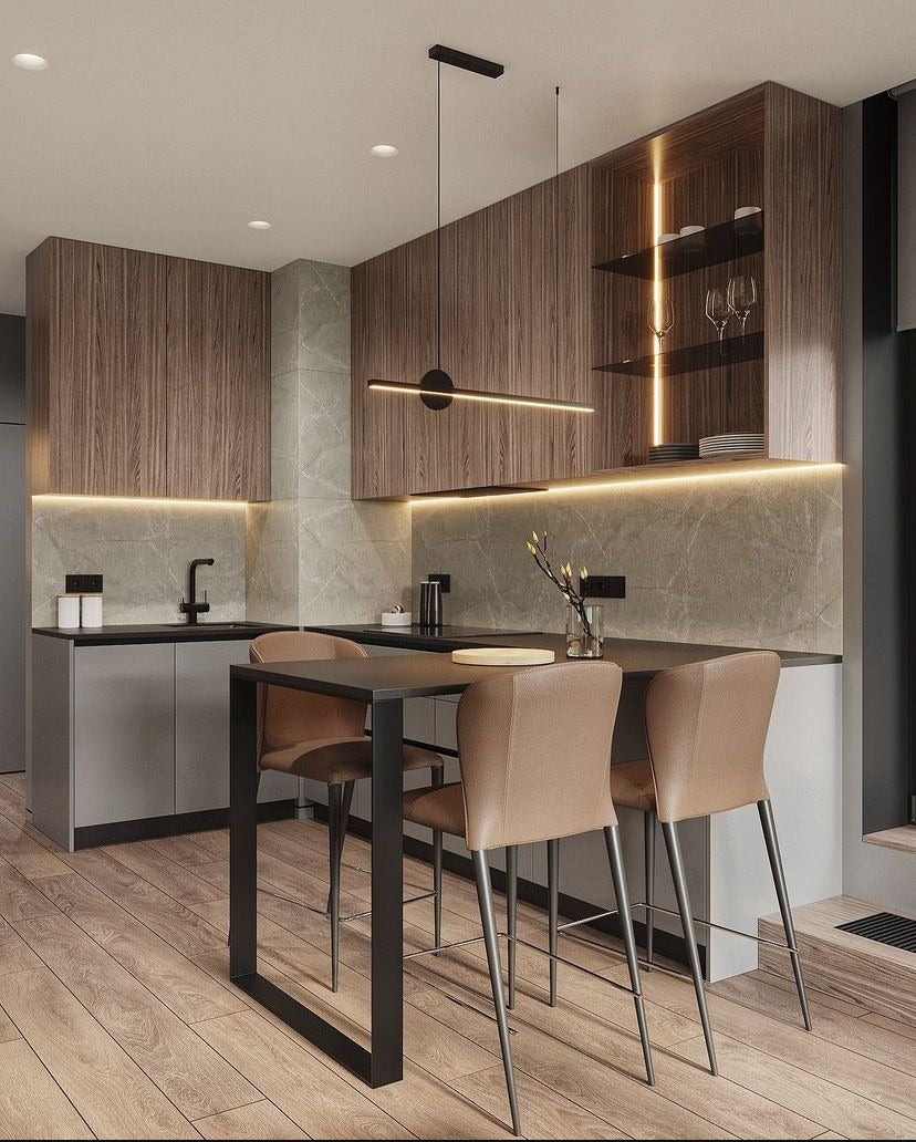 Sleek Contemporary L-Shaped Kitchen with Warm Wood & Gray Accents