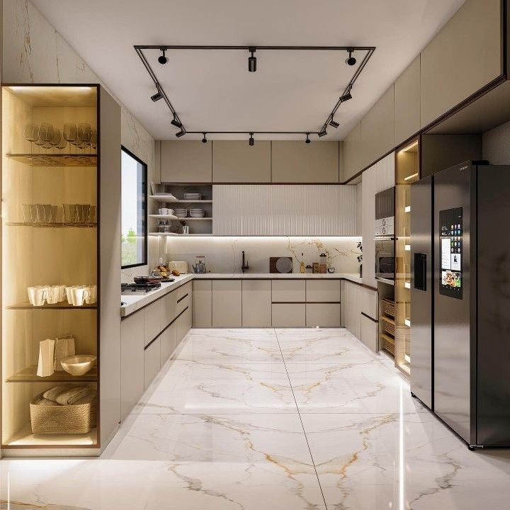 Modern U-Shaped Kitchen with Taupe Finish and White Marble Detailing