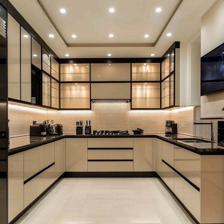Sleek U-Shaped Modern Kitchen with High-Gloss Cabinets & Textured Backsplash