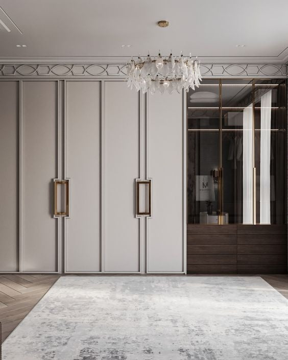 Elegant Neoclassical Wardrobe with Cream Panels, Brass Handles & Dark Wood Display