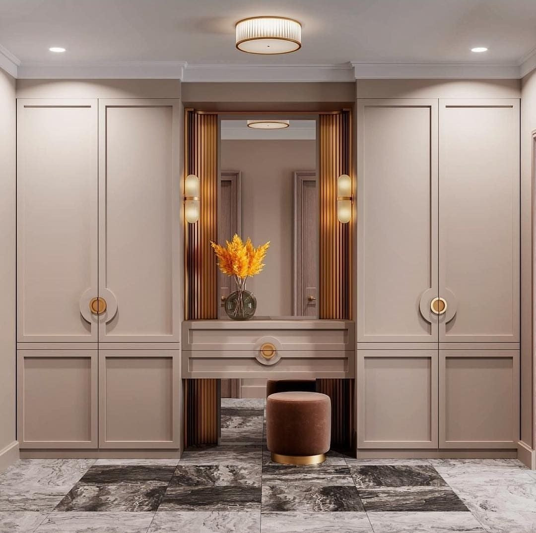 Elegant Custom Wardrobe with Central Vanity & Fluted Bronze Panels
